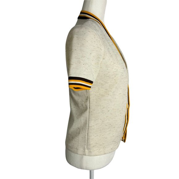 Vintage 70s Layered Look Cardigan Pant Set S Beige Knit Buttons Elastic Waist - Picture 4 of 10